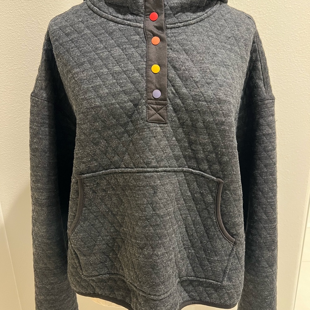 Quilted Gray Hoodie with Colorful Buttons